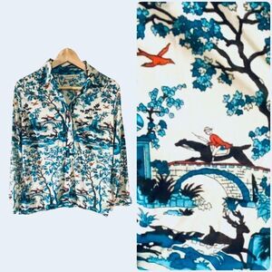 Vintage DAVID SMITH 70s Equestrian Print Half Button Popover Shirt Novelty Men S